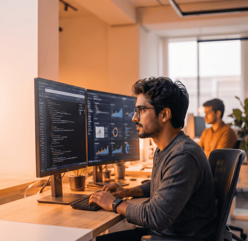 Engineer working at dual monitors